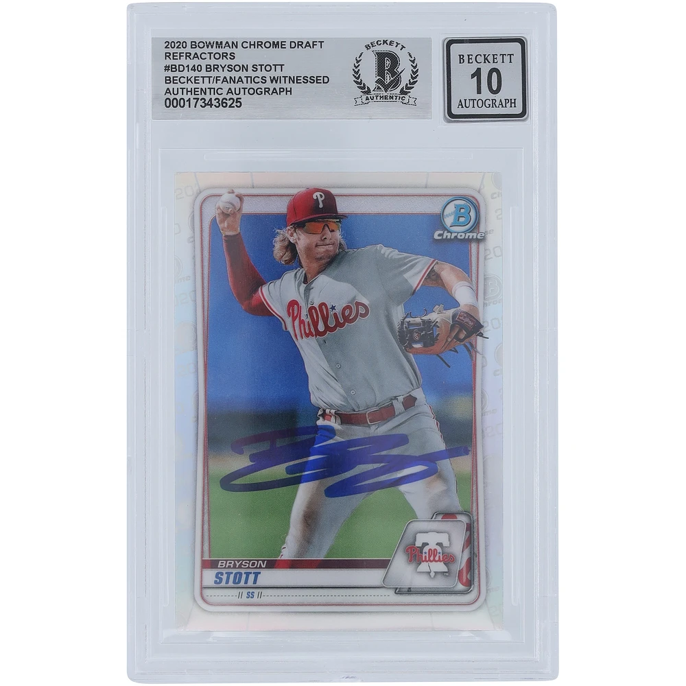 Bryson Stott Philadelphia Phillies Autographed 2020 Bowman Chrome Draft Refractor #BD-140 Beckett Fanatics Witnessed Authenticated 10 Card
