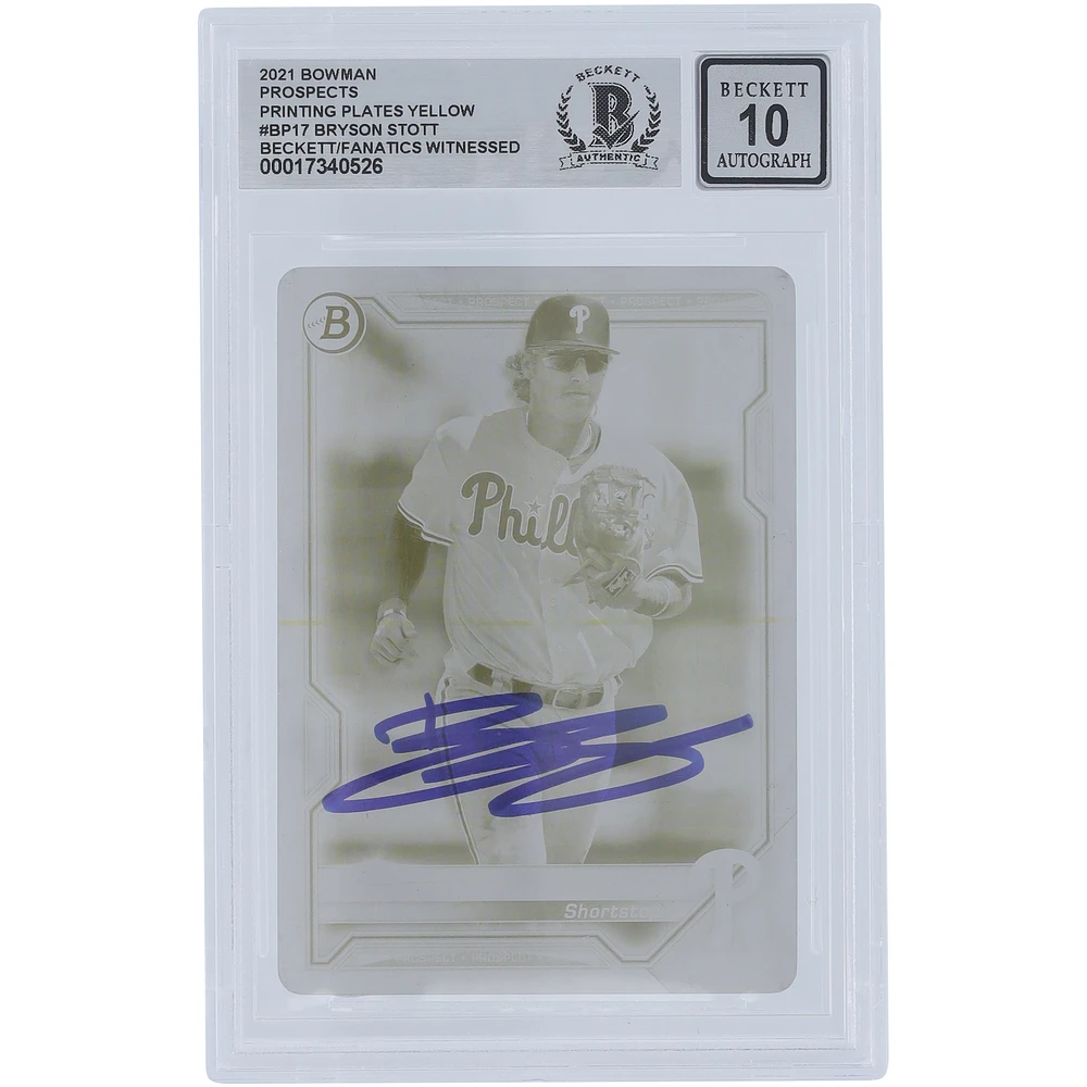 Bryson Stott Philadelphia Phillies Autographed 2021 Bowman Prospects Yellow Printing Plate #BP-17 #1/1 Beckett Fanatics Witnessed Authenticated 10 Card