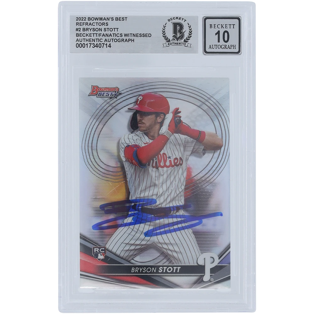 Bryson Stott Philadelphia Phillies Autographed 2022 Bowman's Best Refractor #2 Beckett Fanatics Witnessed Authenticated 10 Rookie Card