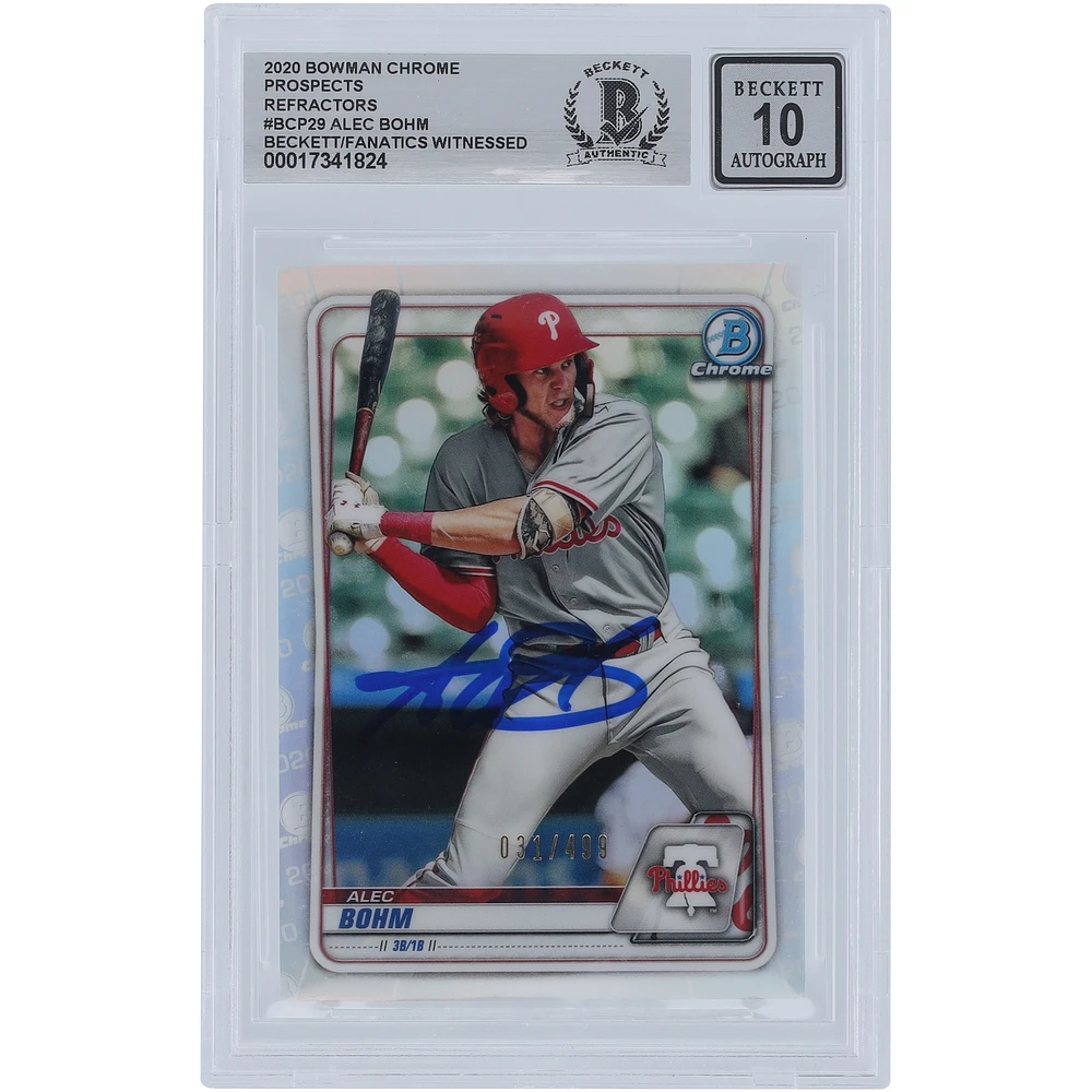 Alec Bohm Philadelphia Phillies Autographed 2020 Bowman Chrome Prospects Refractor #BCP-29 #/499 Beckett Fanatics Witnessed Authenticated 10 Card