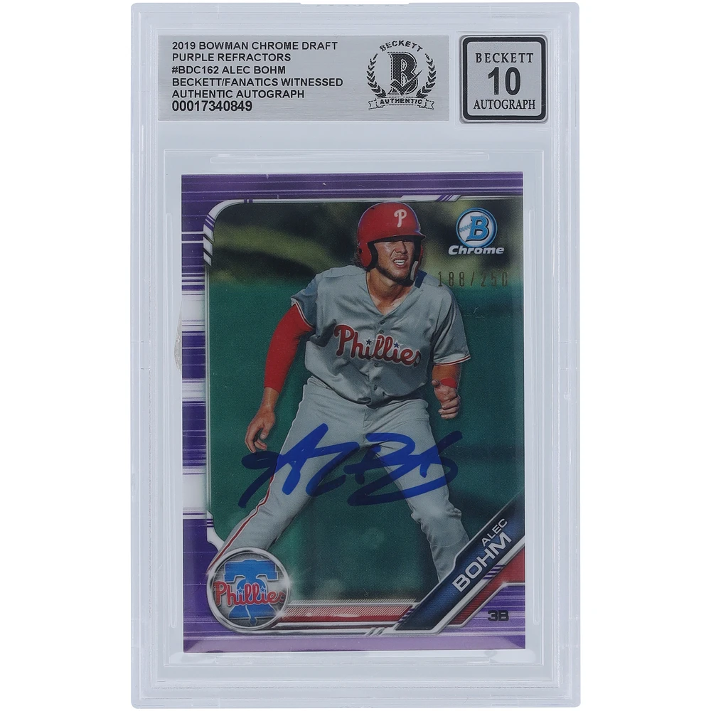Alec Bohm Philadelphia Phillies Autographed 2019 Bowman Chrome Draft Purple Refractor #BDC-162 #/250 Beckett Fanatics Witnessed Authenticated 10 Card