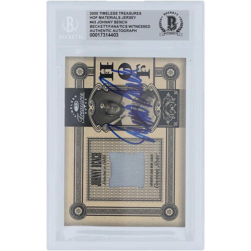 Johnny Bench Cincinnati Reds Autographed 2005 Donruss Timeless Treasures HOF Materials Jersey Relic #HOF-43 #/50 Beckett Fanatics Witnessed Authenticated Card