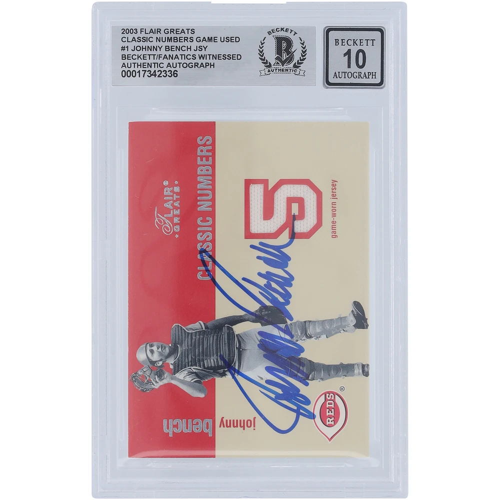 Johnny Bench Cincinnati Reds Autographed 2003 Fleer Flair Greats Classic Numbers Jersey Relic #JB Beckett Fanatics Witnessed Authenticated Card