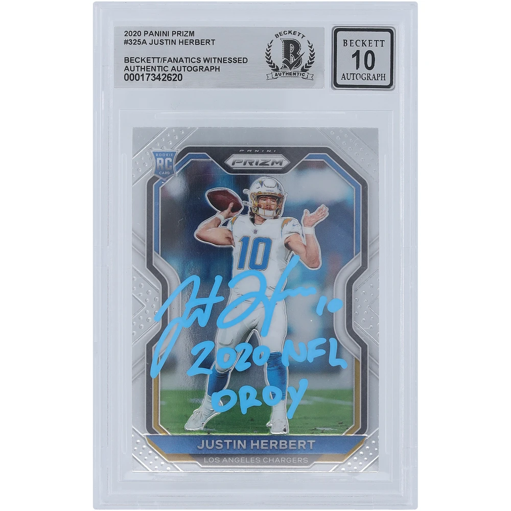 Justin Herbert Los Angeles Chargers Autographed 2020 Panini Prizm Light Blue Ink #325 Beckett Fanatics Witnessed Authenticated 10 Rookie Card with "2020 NFL OROY" Inscription