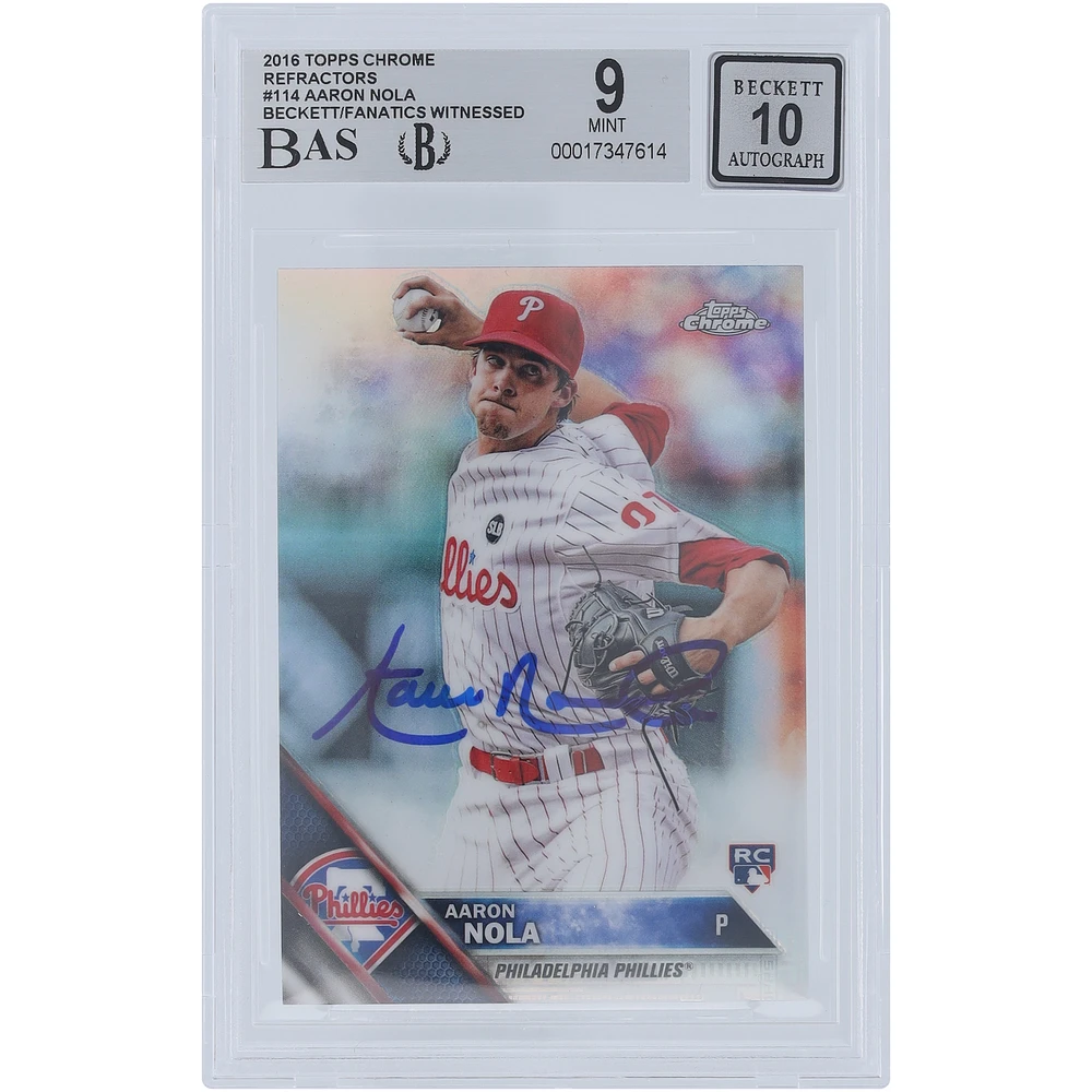 Aaron Nola Philadelphia Phillies Autographed 2016 Topps Chrome Refractors #114 Beckett Fanatics Witnessed Authenticated 9/10 Rookie Card