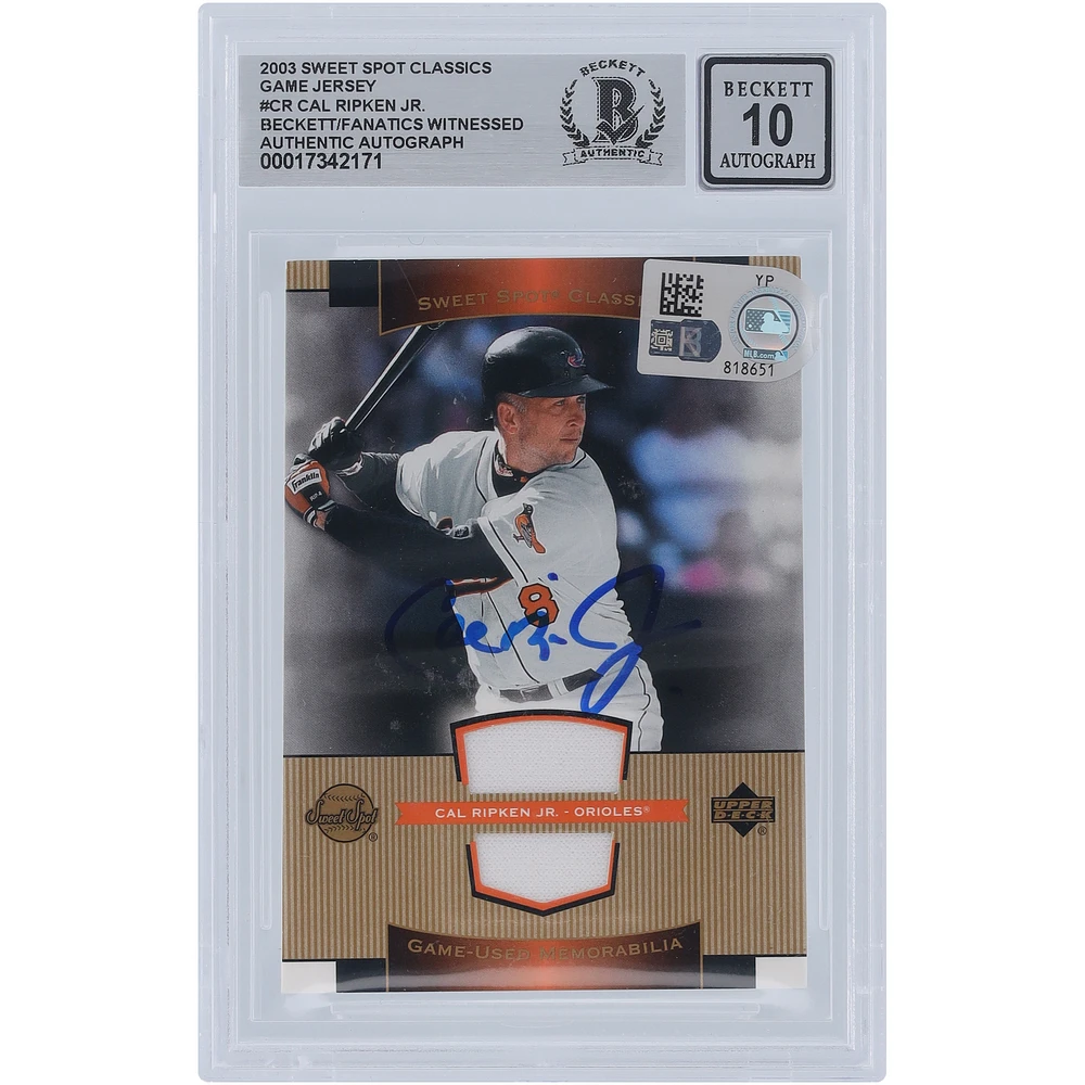 Cal Ripken Jr. Baltimore Orioles Autographed 2003 Upper Deck Sweet Spots Classics Game Jersey Relic #SJ-CR Beckett Fanatics Witnessed Authenticated Card