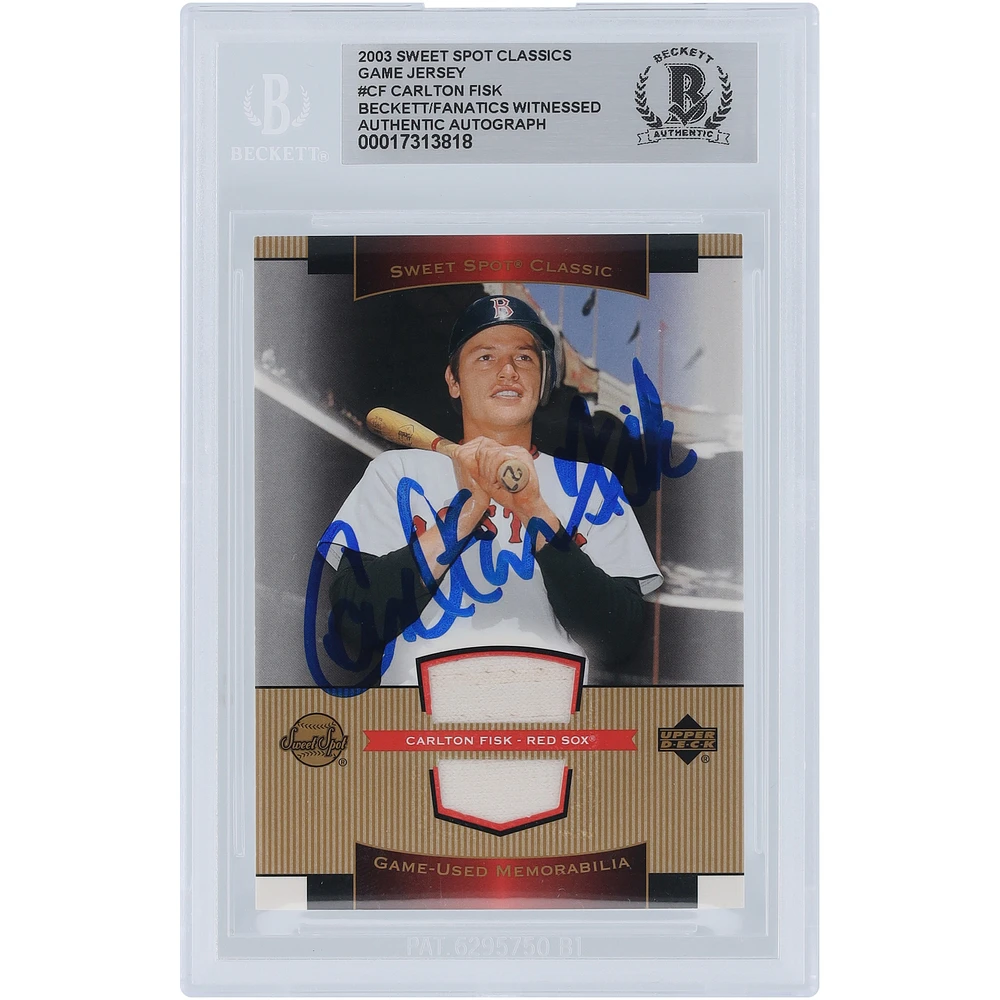 Carlton Fisk Boston Red Sox Autographed 2003 Upper Deck Sweet Spot Classic Game Jersey Relic #SJ-CF Beckett Fanatics Witnessed Authenticated Card