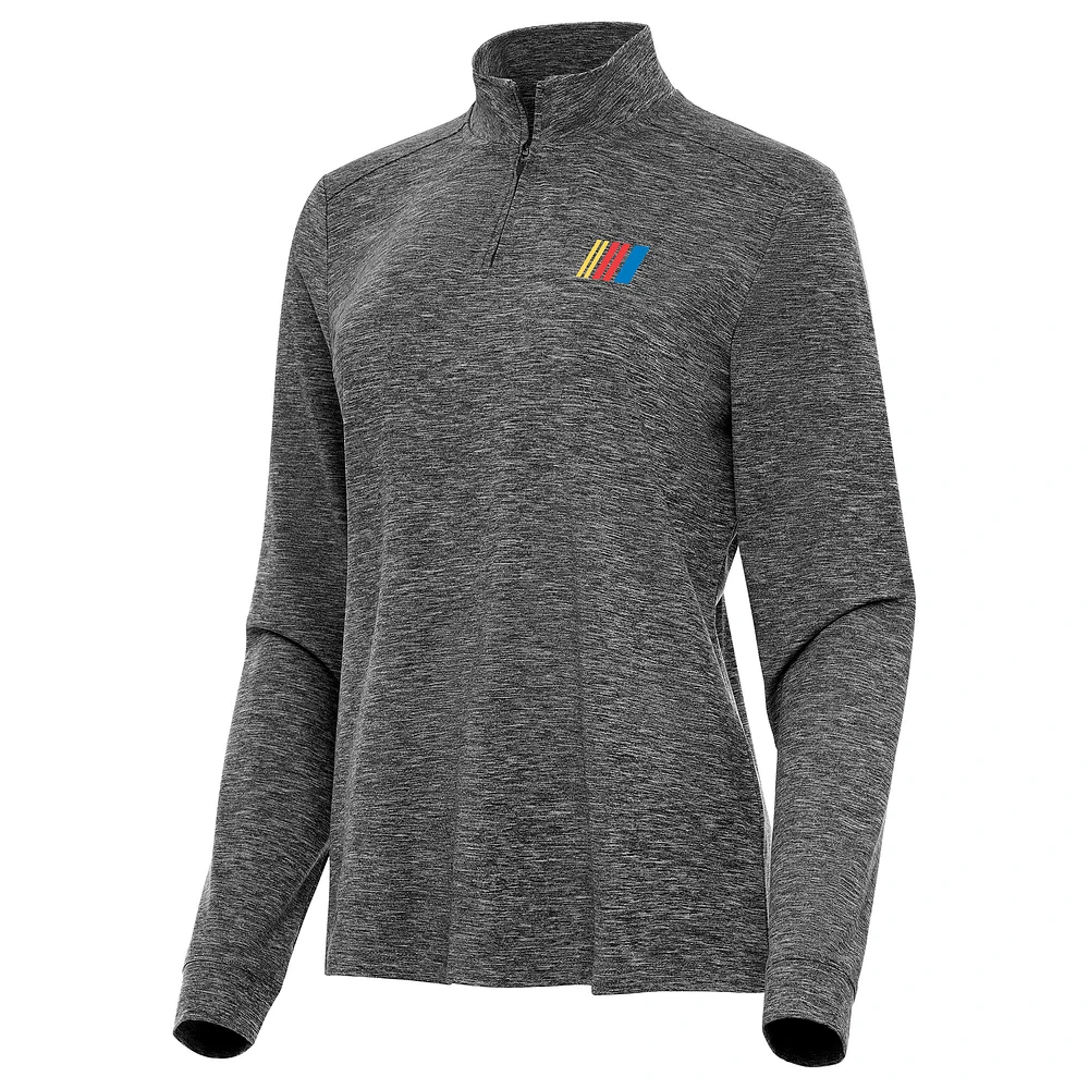 Women's Antigua Heather Black NASCAR Merchandise Mentor Long Sleeve Quarter-Zip Mock Polo