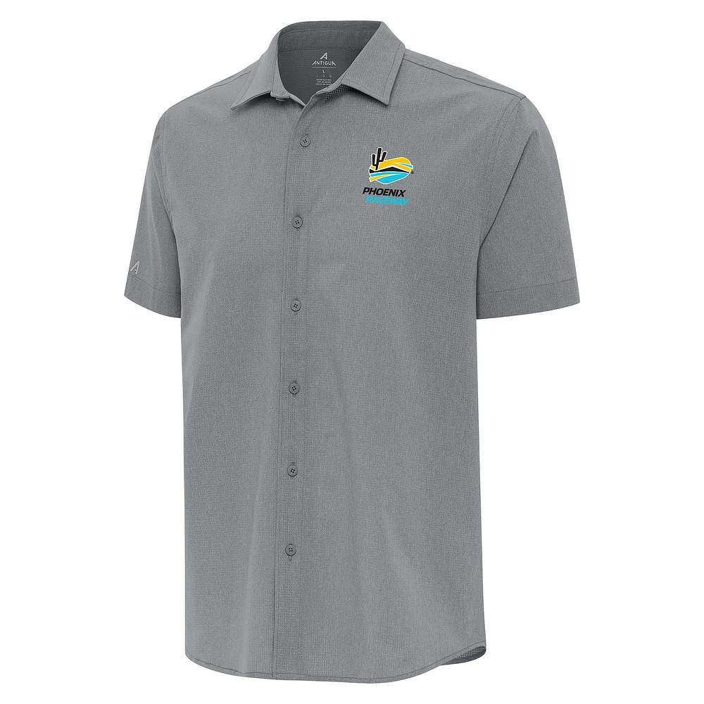 Men's Antigua Gray Phoenix Raceway Activate Full-Button Short Sleeve Top