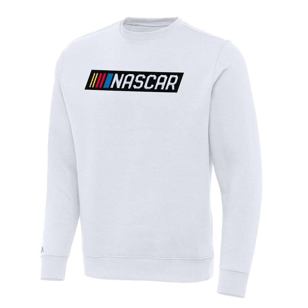 Men's Antigua White NASCAR Victory Crewneck Pullover Sweatshirt