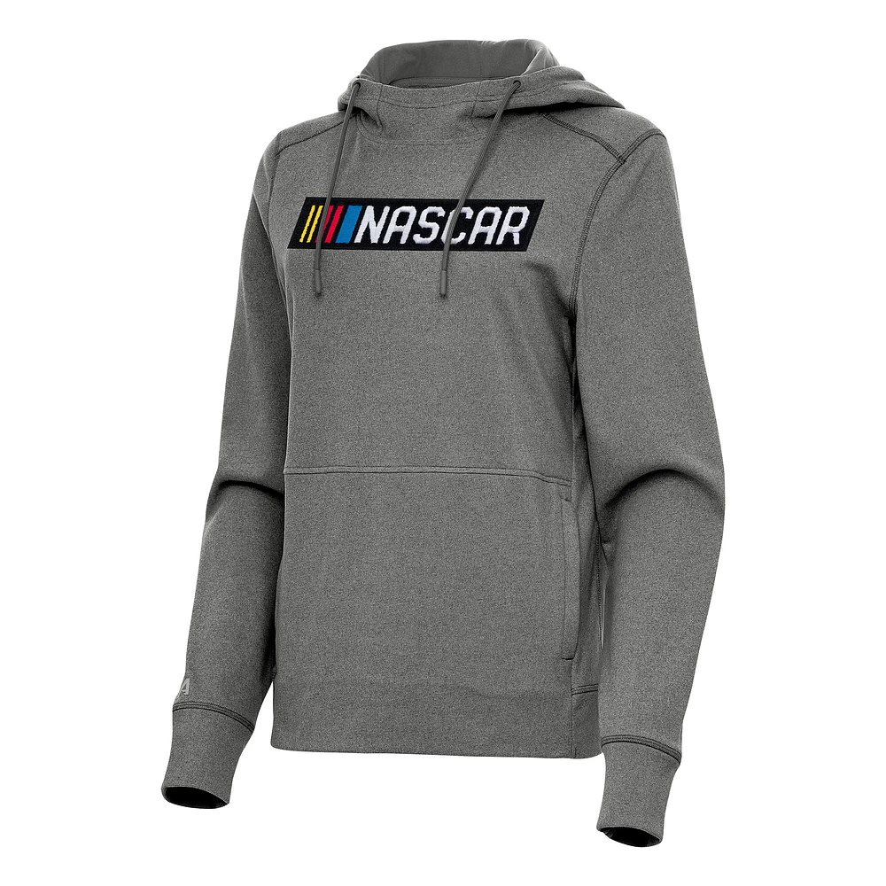 Women's Antigua Heather Black NASCAR Justice Pullover Hoodie
