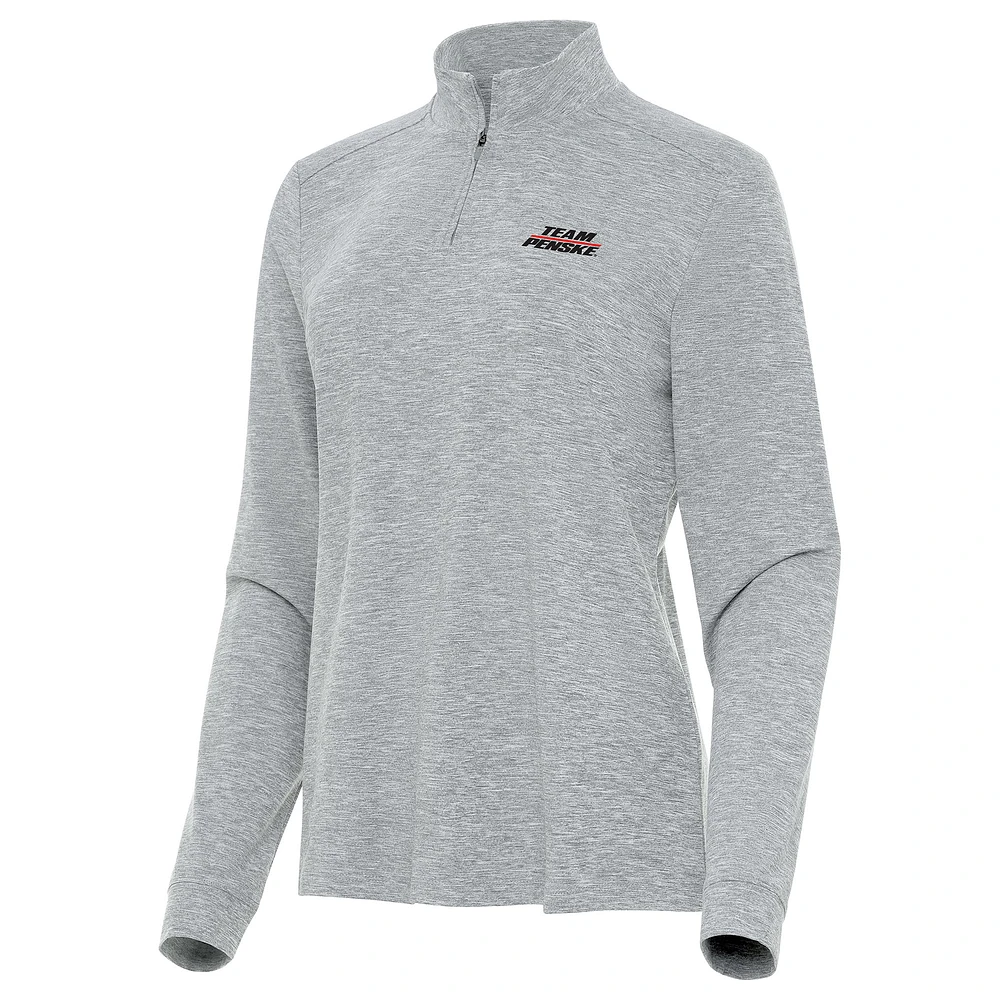 Women's Antigua Heather Gray Team Penske Mentor Long Sleeve Quarter-Zip Mock Polo