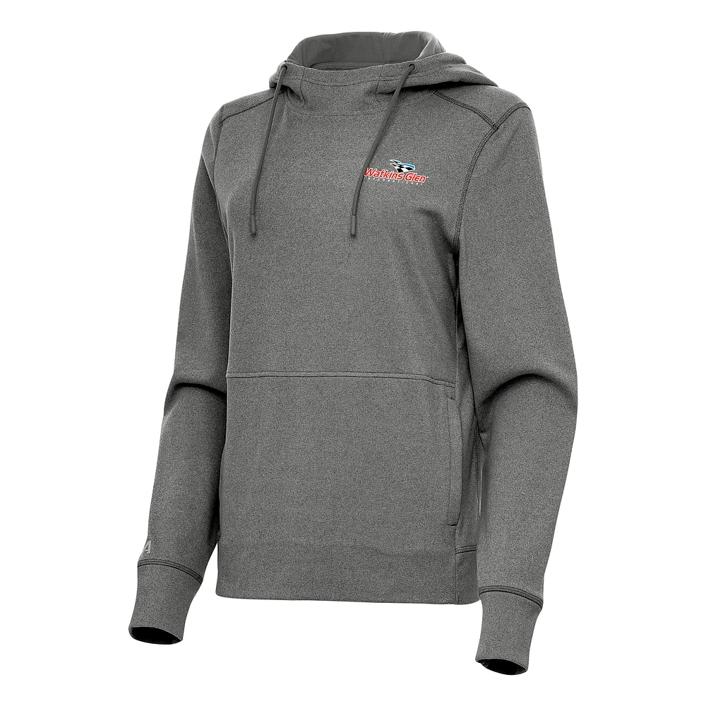 Women's Antigua Heather Black Watkins Glen International Justice Pullover Hoodie