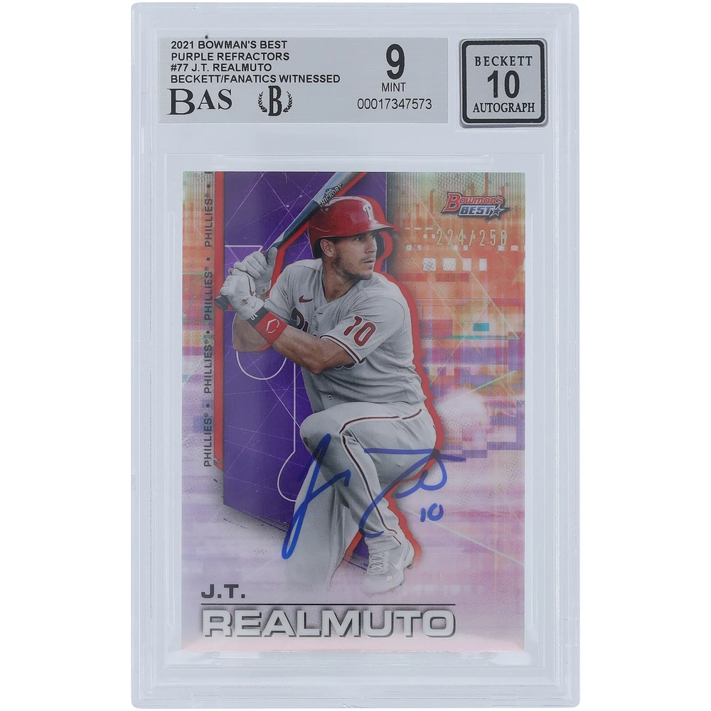 J.T. Realmuto Philadelphia Phillies Autographed 2021 Bowman's Best Purple Refractors #77 #/250 Beckett Fanatics Witnessed Authenticated 9/10 Card