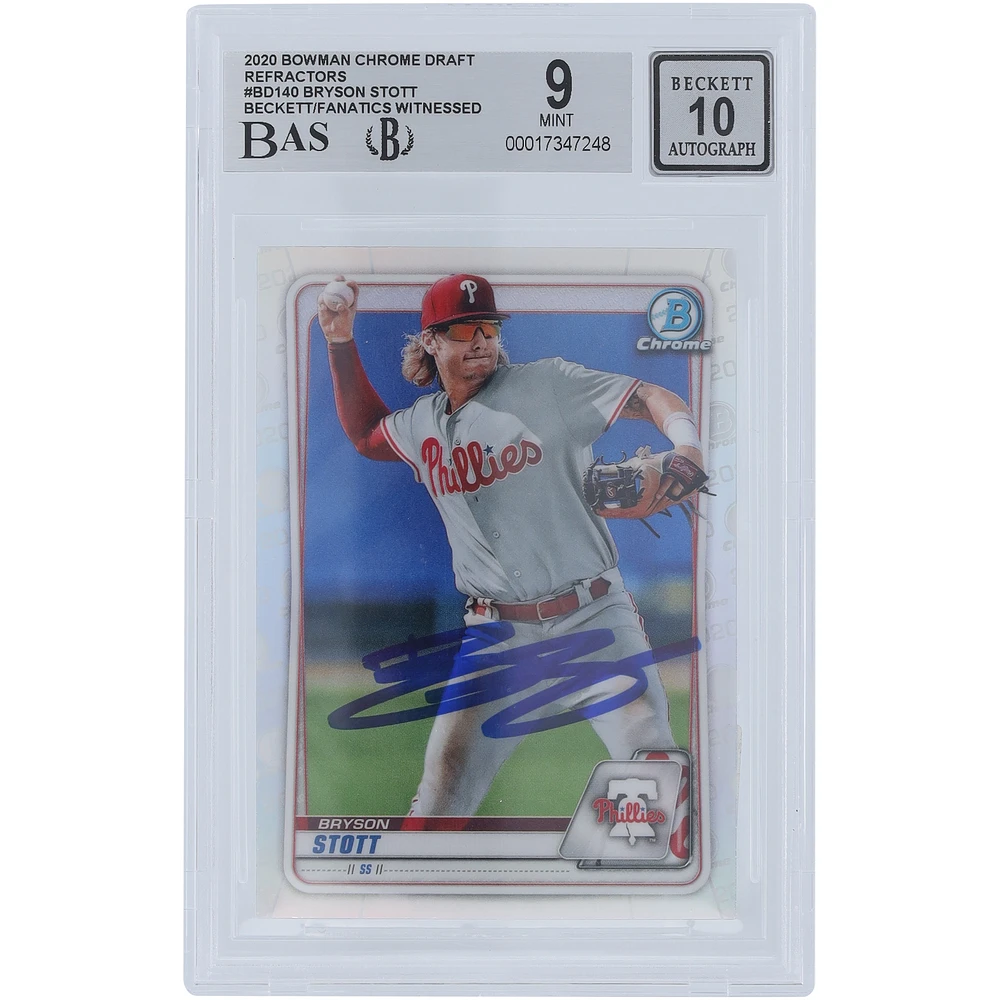 Bryson Stott Philadelphia Phillies Autographed 2020 Bowman Draft Refractors #BD-140 Beckett Fanatics Witnessed Authenticated /10 Card