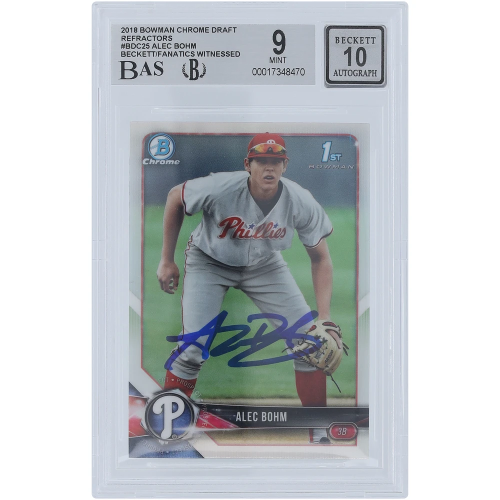 Alec Bohm Philadelphia Phillies Autographed 2018 Bowman Chrome Draft Refractors #BDC-25 Beckett Fanatics Witnessed Authenticated 9/10 Card