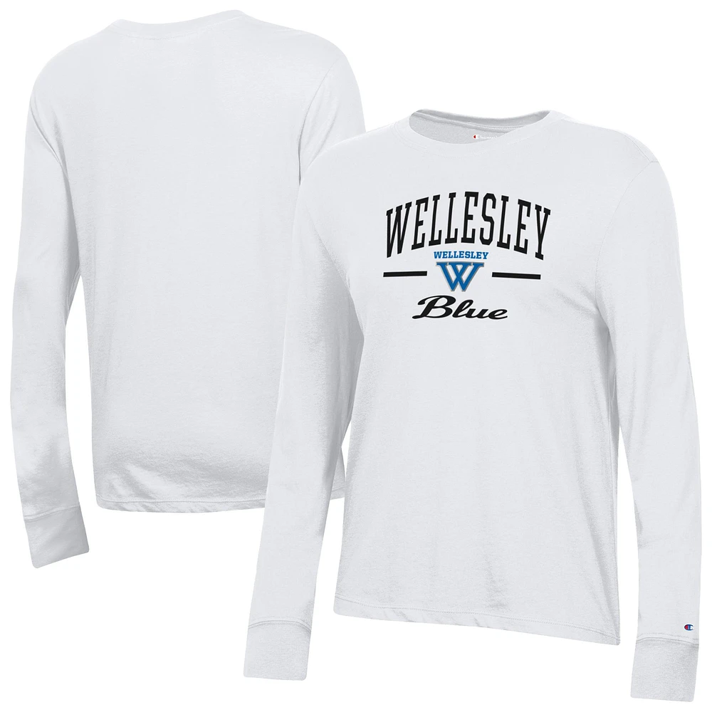 Women's Champion White Wellesley Blue Core Long Sleeve T-Shirt