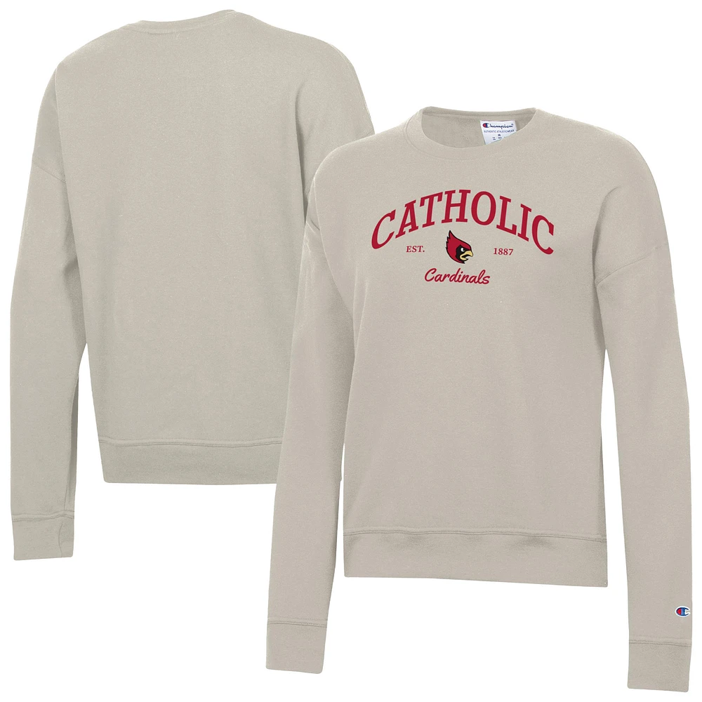 Women's Champion Oatmeal Catholic University Cardinals Powerblend Pullover Sweatshirt