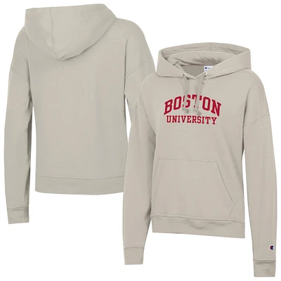 Women's Champion Oatmeal Boston University Powerblend Fleece Pullover Hoodie