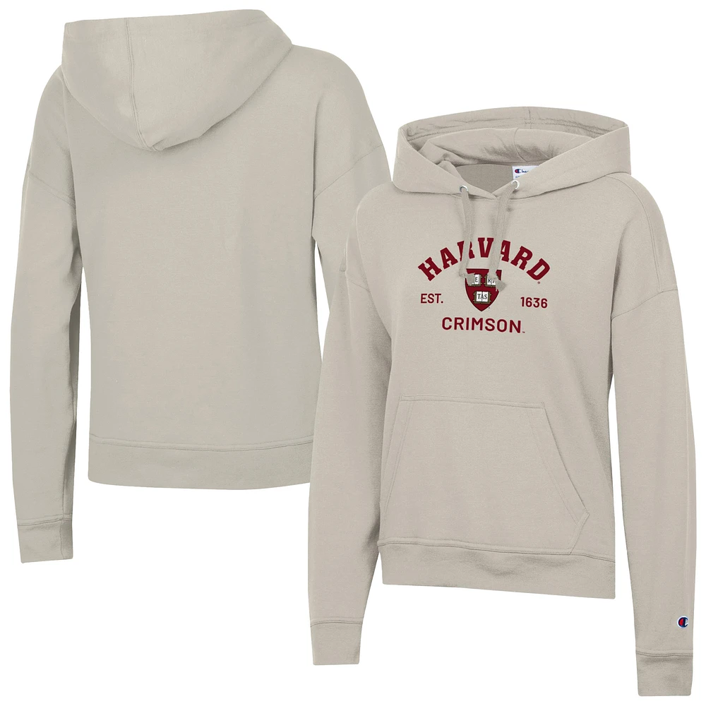 Women's Champion Oatmeal Harvard Crimson Powerblend Fleece Pullover Hoodie