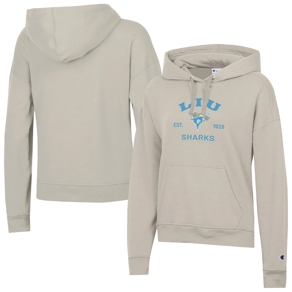 Women's Champion Oatmeal LIU Sharks Powerblend Fleece Pullover Hoodie