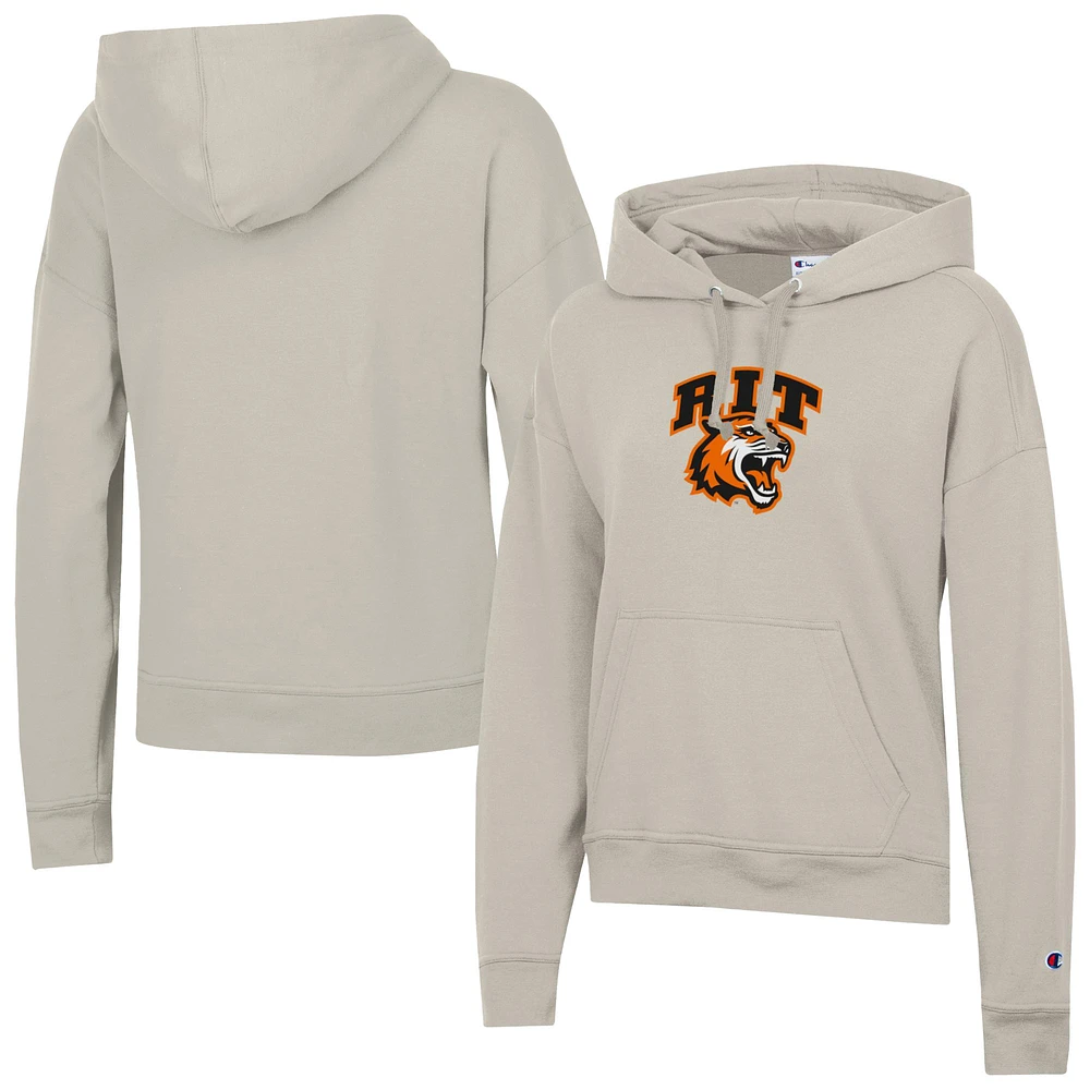 Women's Champion Oatmeal Rochester Institute of Technology Tigers Powerblend Fleece Pullover Hoodie