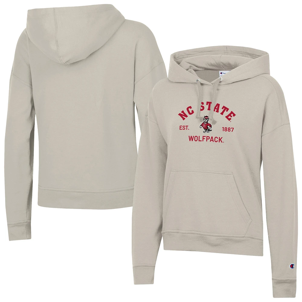 Women's Champion Oatmeal NC State Wolfpack Powerblend Fleece Pullover Hoodie