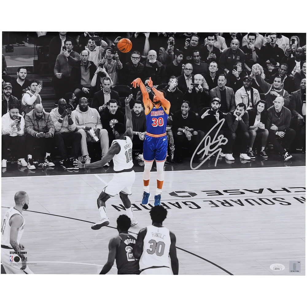 Stephen Curry Golden State Warriors Autographed 16" x 20" Shooting Spotlight Photograph vs. New York Knicks - Signed In Silver Ink - JSA