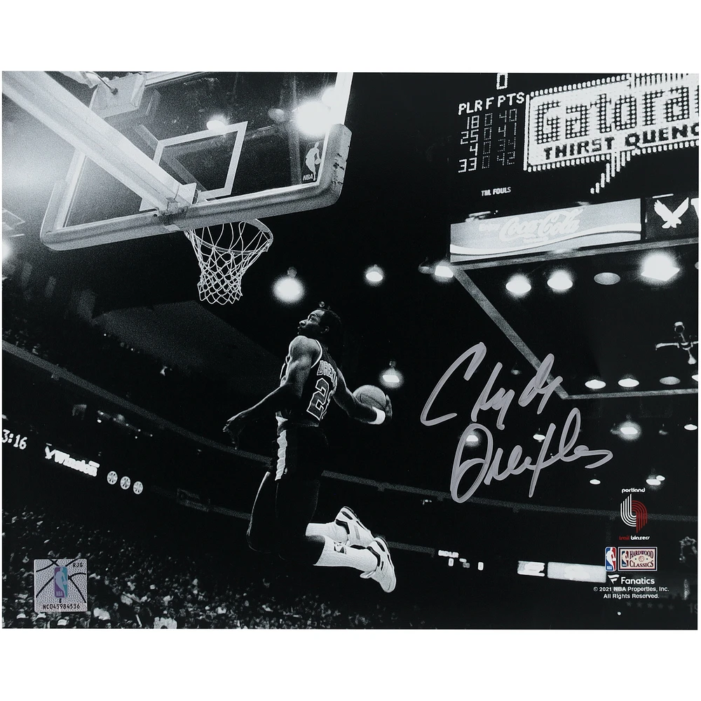 Clyde Drexler Portland Trail Blazers Autographed 8" x 10" Black & White Dunk Photograph