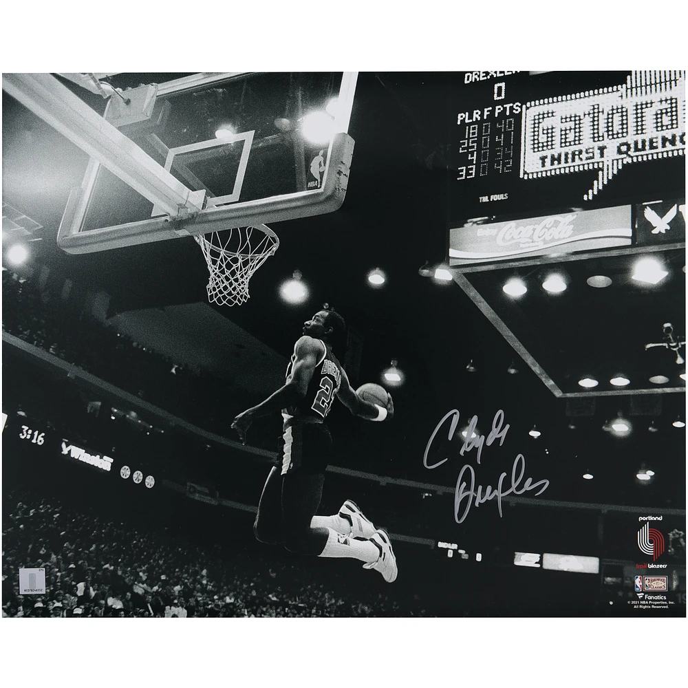 Clyde Drexler Portland Trail Blazers Autographed 16" x 20" Black & White Dunk Photograph