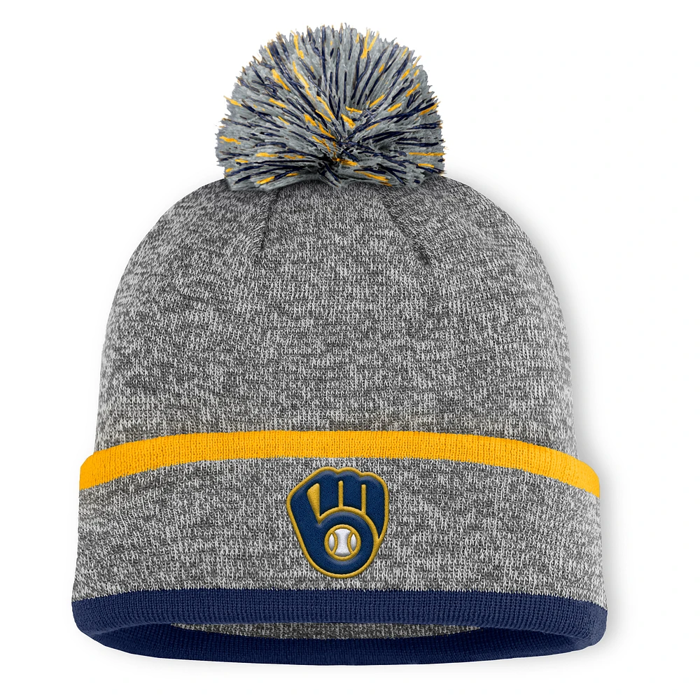 Men's Milwaukee Brewers Fanatics Heather Gray Backstop Cuffed Knit Hat with Pom