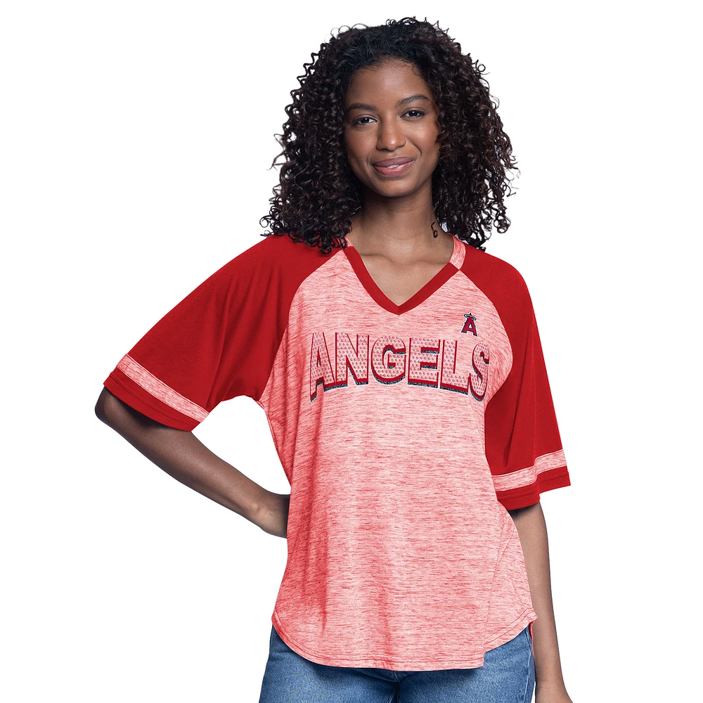 Women's G-III 4Her by Carl Banks Red Los Angeles Angels Hall of Fame Raglan Oversized Half-Sleeve V-Neck Top