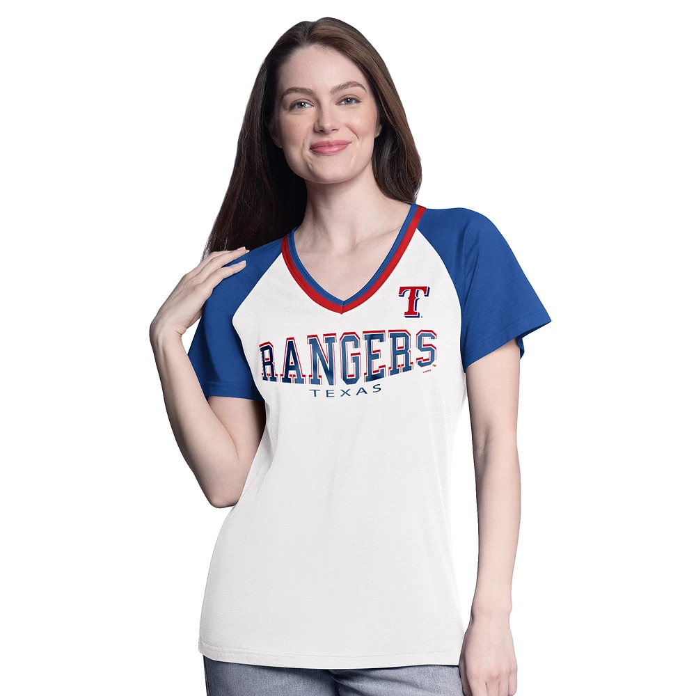 Women's G-III 4Her by Carl Banks White/Royal Texas Rangers Ball Park Raglan V-Neck T-Shirt