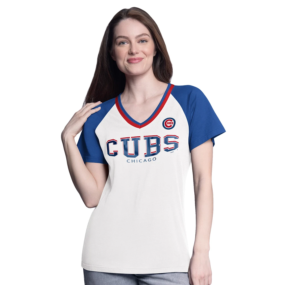 Women's G-III 4Her by Carl Banks White/Royal Chicago Cubs Ball Park Raglan V-Neck T-Shirt