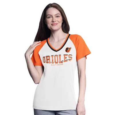 Women's G-III 4Her by Carl Banks White/Orange Baltimore Orioles Ball Park Raglan V-Neck T-Shirt