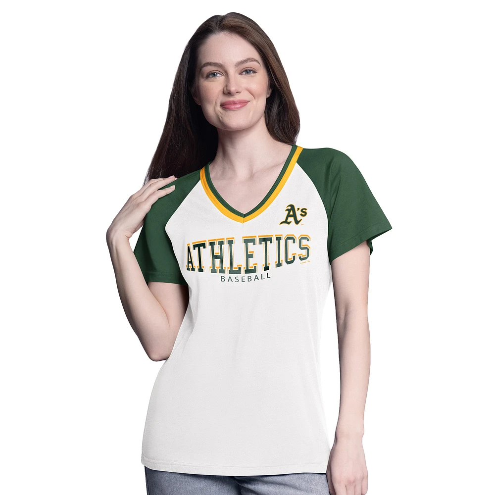Women's G-III 4Her by Carl Banks White/Green Athletics Ball Park Raglan V-Neck T-Shirt