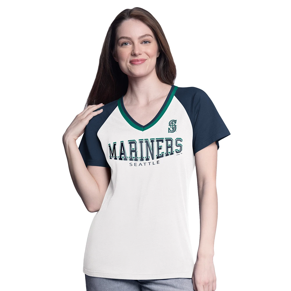Women's G-III 4Her by Carl Banks White/Navy Seattle Mariners Ball Park Raglan V-Neck T-Shirt