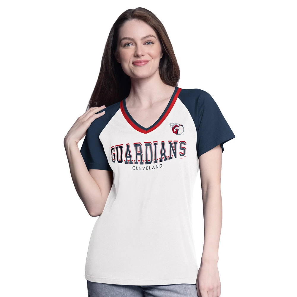 Women's G-III 4Her by Carl Banks White/Navy Cleveland Guardians Ball Park Raglan V-Neck T-Shirt