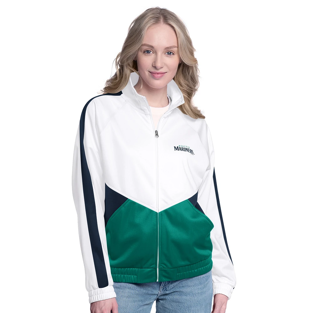 Women's G-III Sports by Carl Banks White/Navy Seattle Mariners Rally Rhinestone Raglan Full-Zip Track Jacket