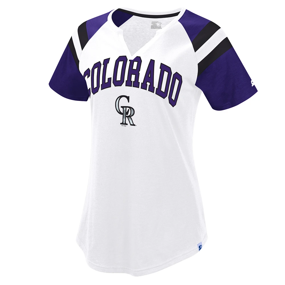 Women's Starter White/Purple Colorado Rockies Game On Notch Neck Raglan T-Shirt