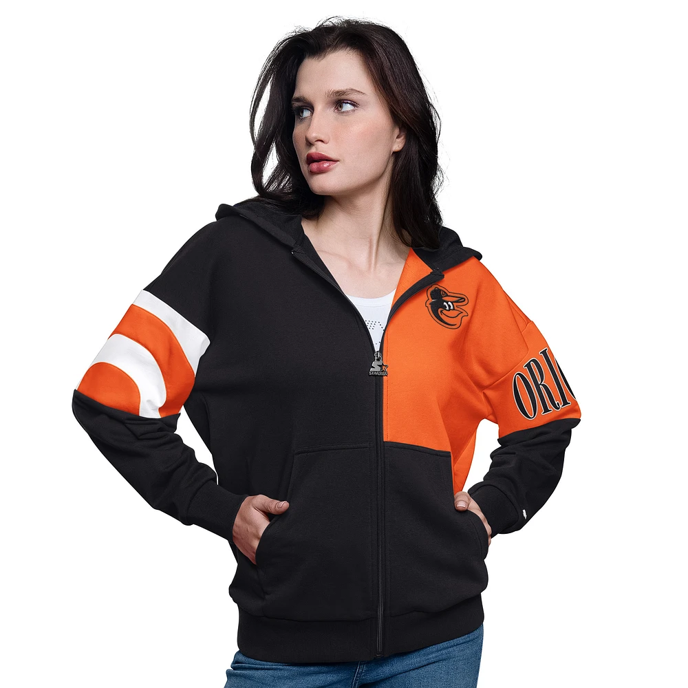 Women's Starter Black/Orange Baltimore Orioles Curve Ball Full Zip Hoodie Sweatshirt