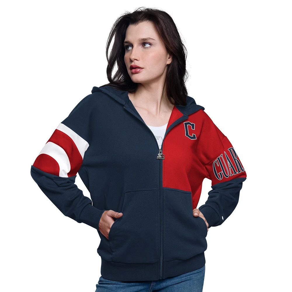 Women's Starter Navy/Red Cleveland Guardians Curve Ball Full Zip Hoodie Sweatshirt