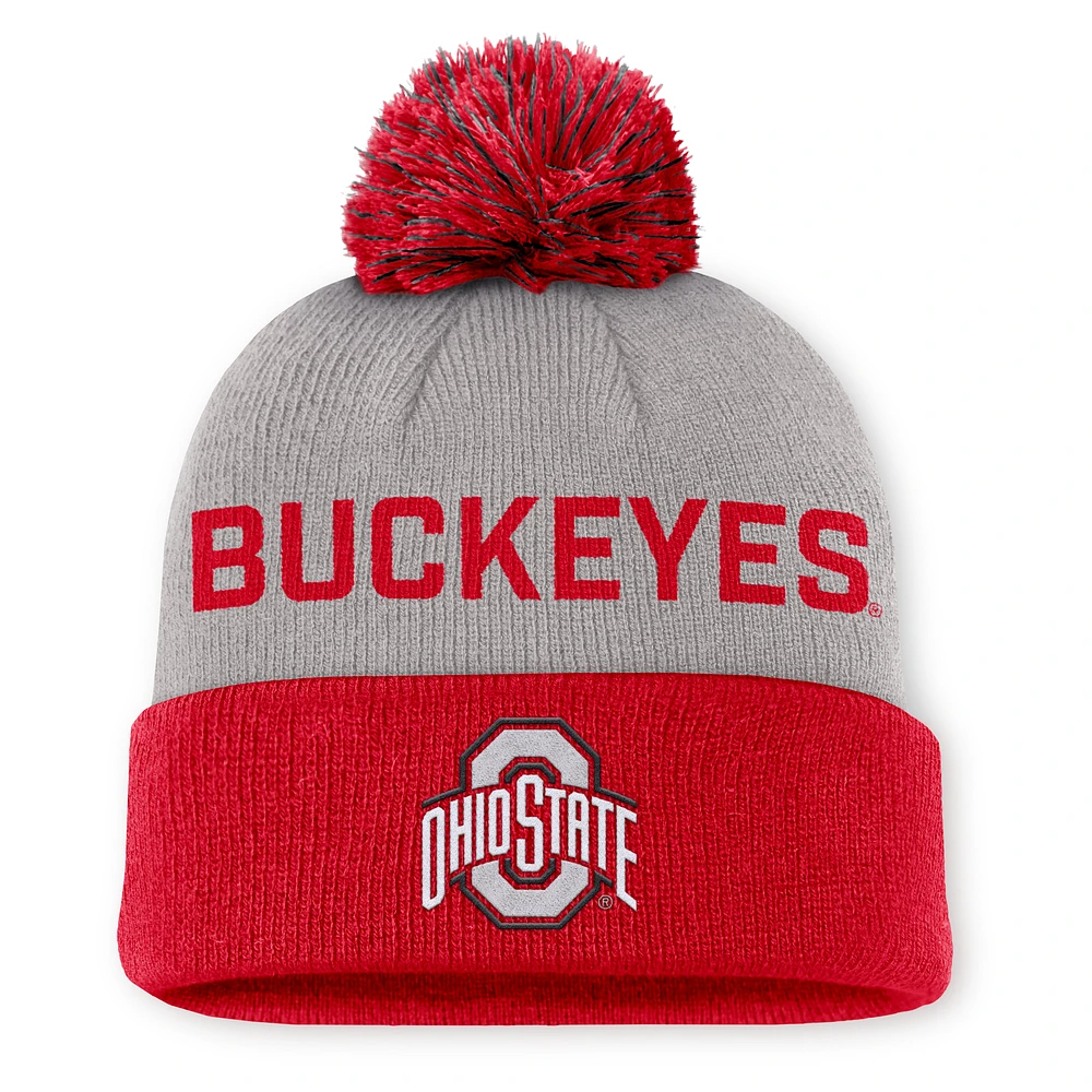 Men's Nike Gray/Scarlet Ohio State Buckeyes Primetime Peak Cuffed Knit Hat with Pom