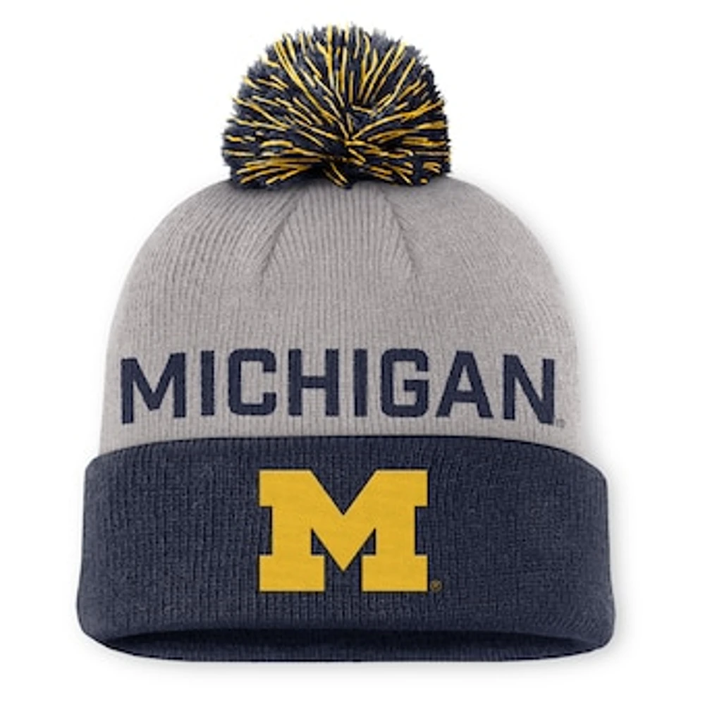 Men's Jordan Brand Gray/Navy Michigan Wolverines Primetime Peak Cuffed Knit Hat with Pom