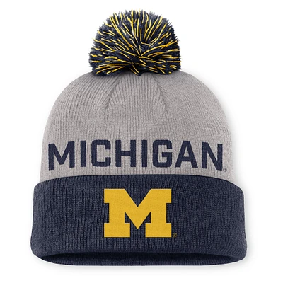 Men's Jordan Brand Gray/Navy Michigan Wolverines Primetime Peak Cuffed Knit Hat with Pom