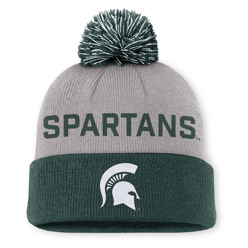 Men's Nike Gray/Green Michigan State Spartans Primetime Peak Cuffed Knit Hat with Pom