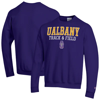 Men's Champion Purple Albany Great Danes Track and Field Stack Powerblend Pullover Sweatshirt