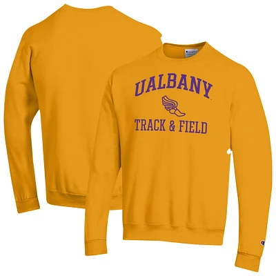 Men's Champion Gold Albany Great Danes Icon Track & Field Powerblend Pullover Sweatshirt
