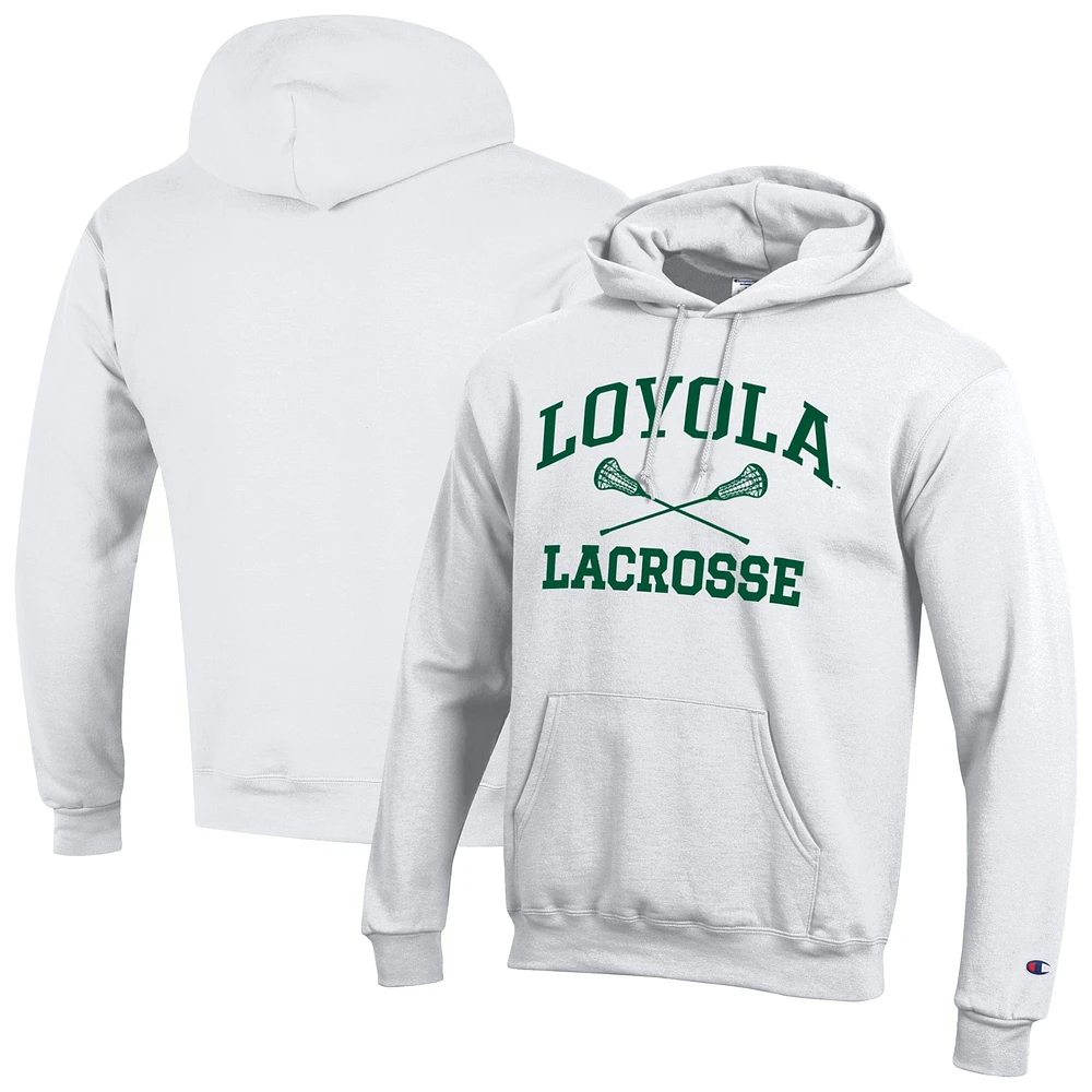 Men's Champion White Loyola Greyhounds Lacrosse Icon Powerblend Pullover Hoodie