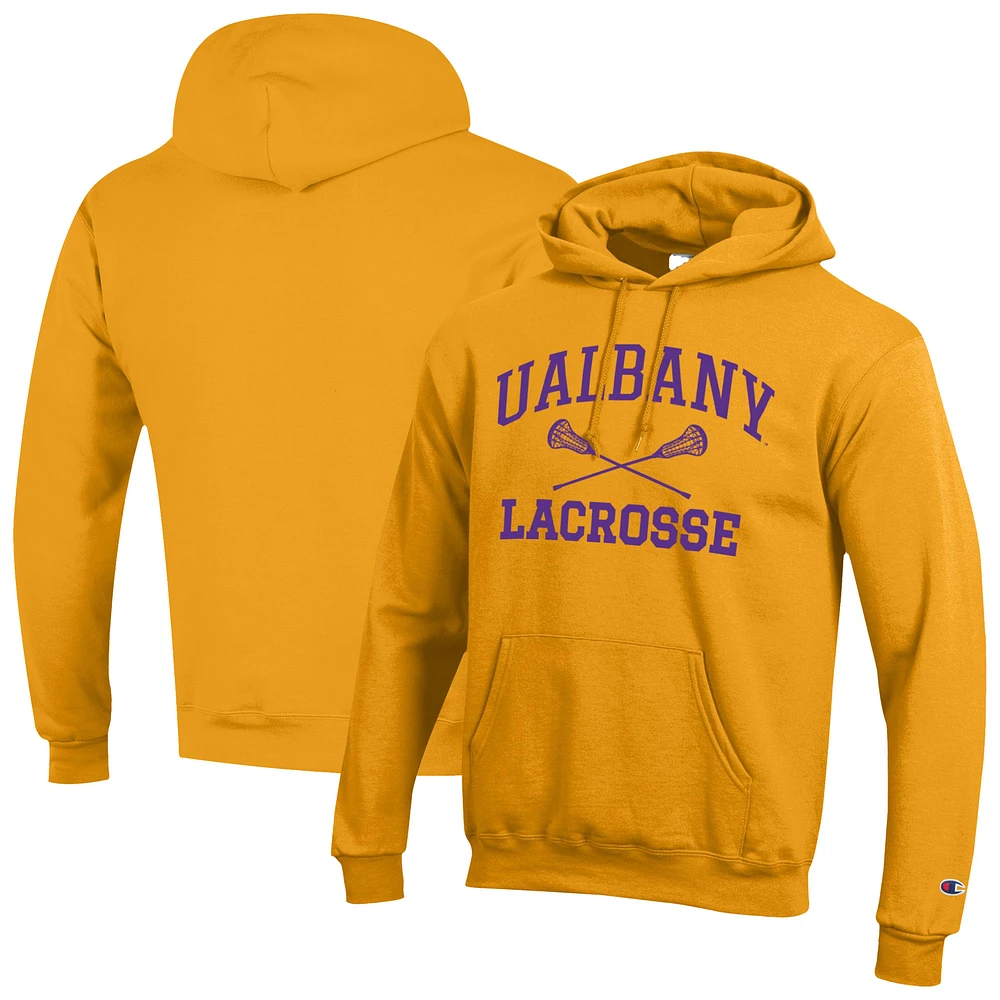 Men's Champion Gold UAlbany Great Danes Lacrosse Icon Powerblend Pullover Hoodie